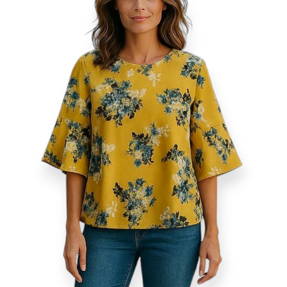 Jules & Leopold Yellow Ponte Knit Floral Printed Bell Sleeve Blouse Top